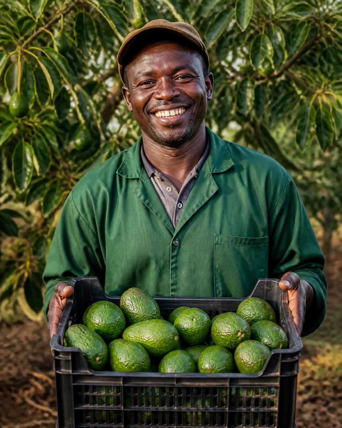 Avocado farmer holding a crate of freshly harvested fruit