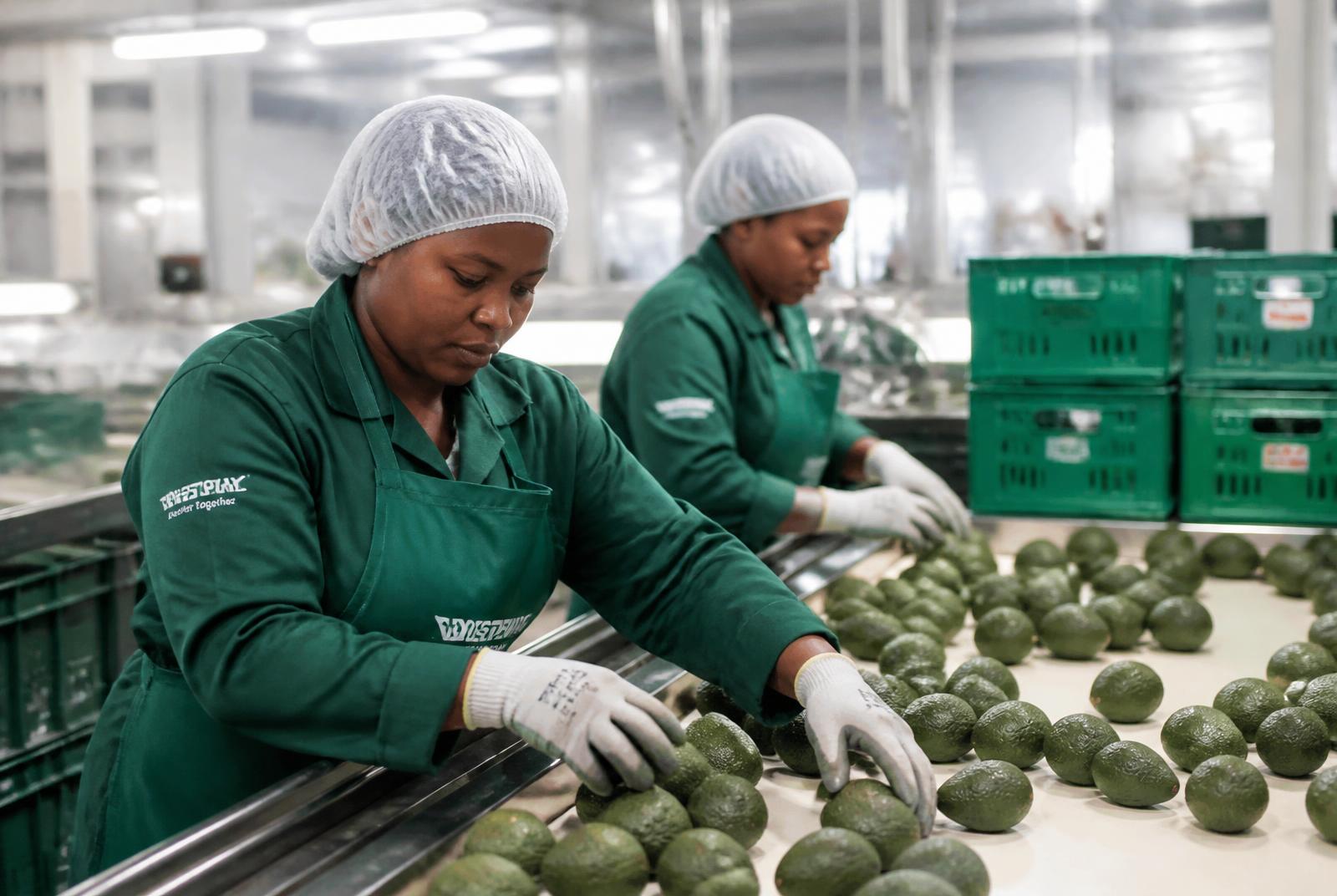 Workers grading Hass avocados on a packhouse line